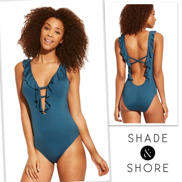 Shade & Shore Swimwear Ruffle Plunge One Piece. Size Small - Picture 1 of 12